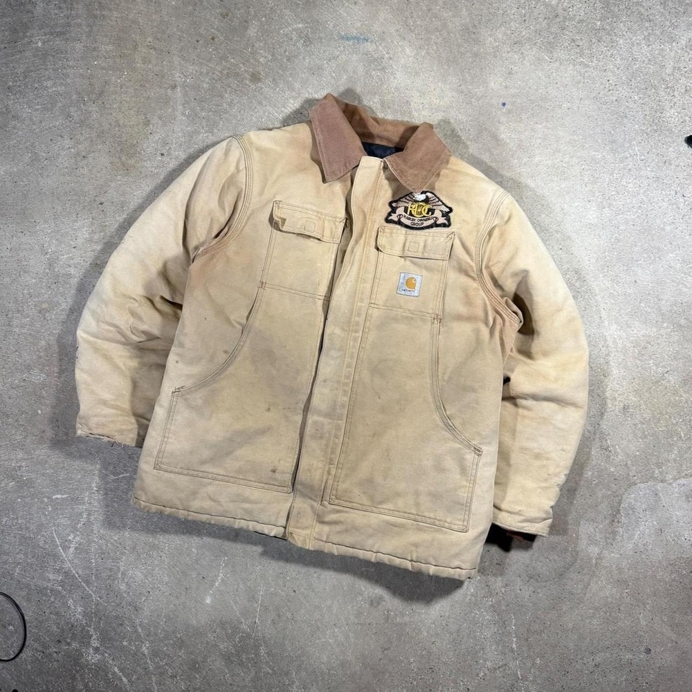 Harley Davidson patch carharrt tan faded distressed workwear jacket